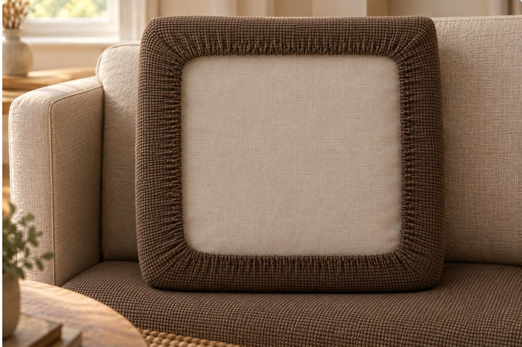 A covered seat cushion stood upright and facing the camera, showing the elastic hem gathered in an unbroken border around all four sides of its underside