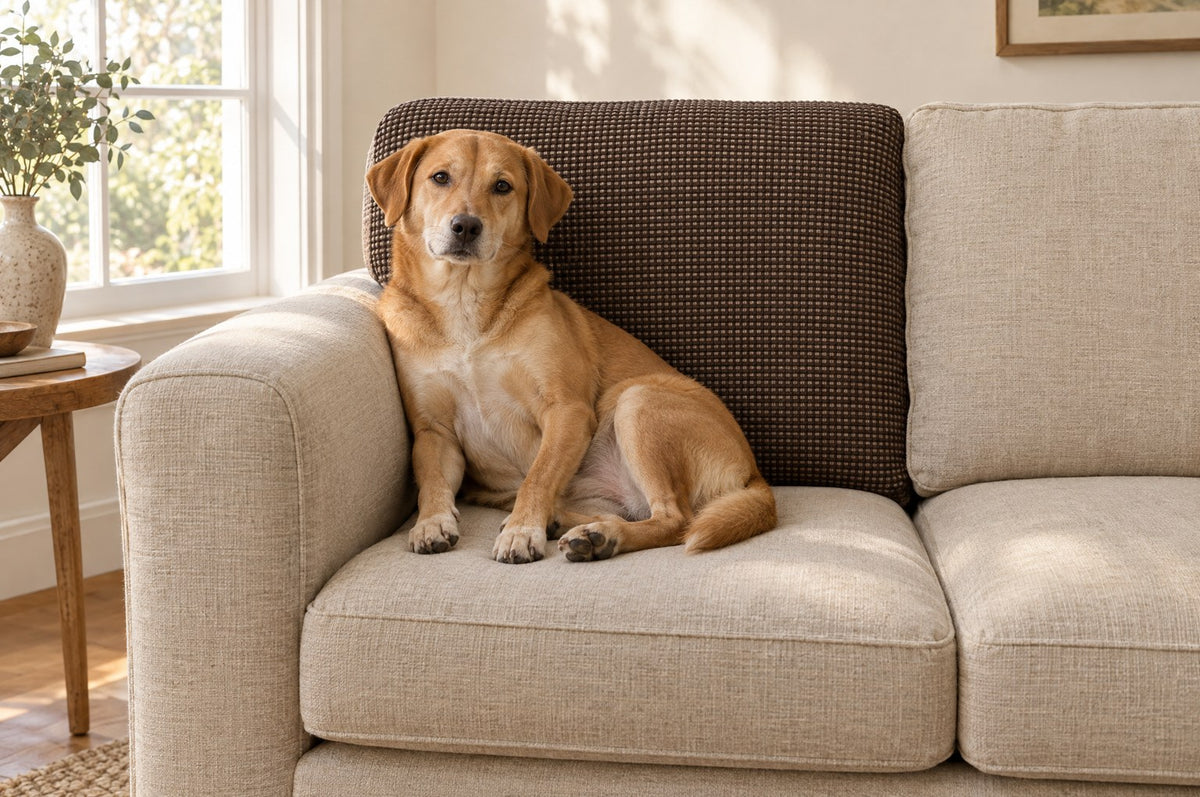 A dog leaning against a back cushion fitted with a coffee Avelo Casa cover, beside an uncovered one