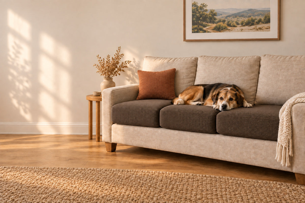 A dog resting on a sofa fitted with Avelo Casa seat cushion covers