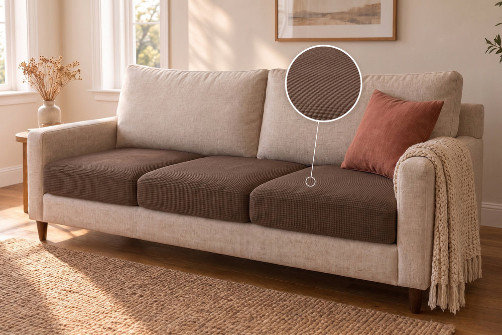 Three-seat sofa seen at an angle, all three seat cushions fitted with coffee Avelo Casa covers, with a magnified circle showing the knitted jacquard texture