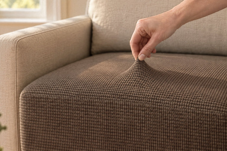 A hand pinching and drawing up a fold of the cushion cover, showing how far the knitted fabric stretches