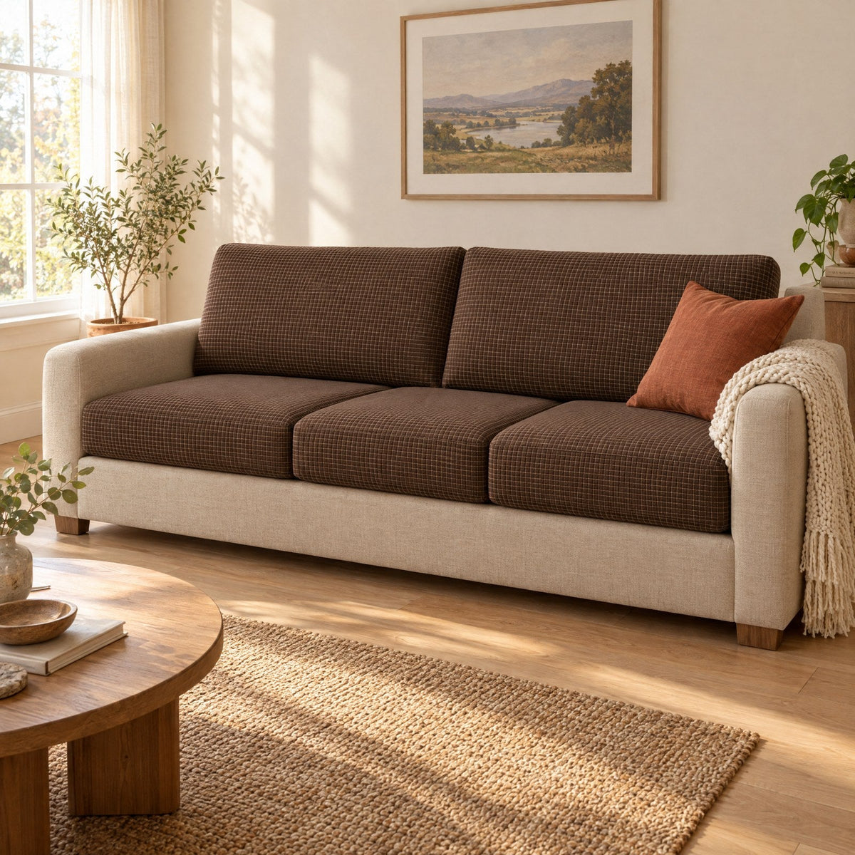 A three-seat sofa with all three seat cushions and both back cushions fitted with coffee Avelo Casa covers