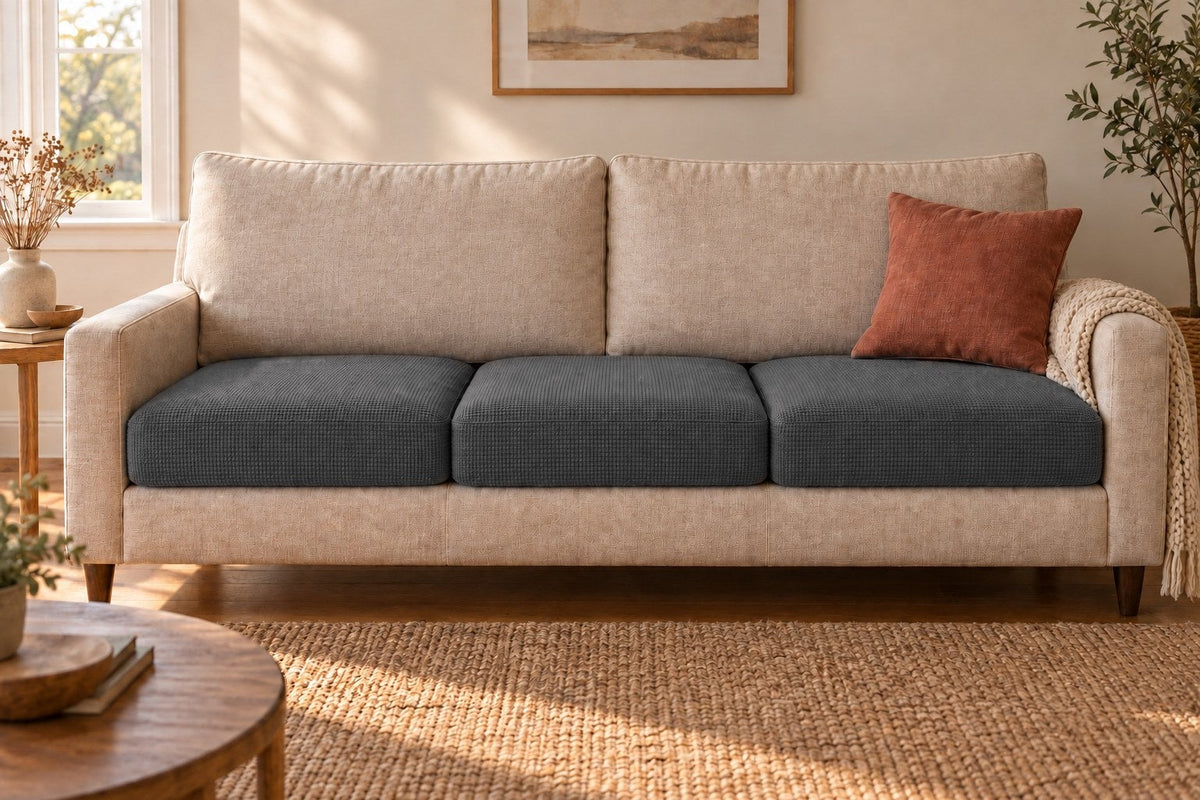 Three-seat sofa with all three seat cushions fitted with Avelo Casa covers in dark grey