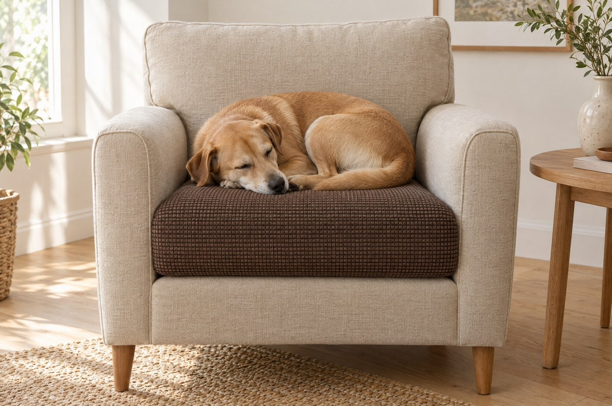 A dog asleep on an armchair seat cushion fitted with a coffee Avelo Casa cover