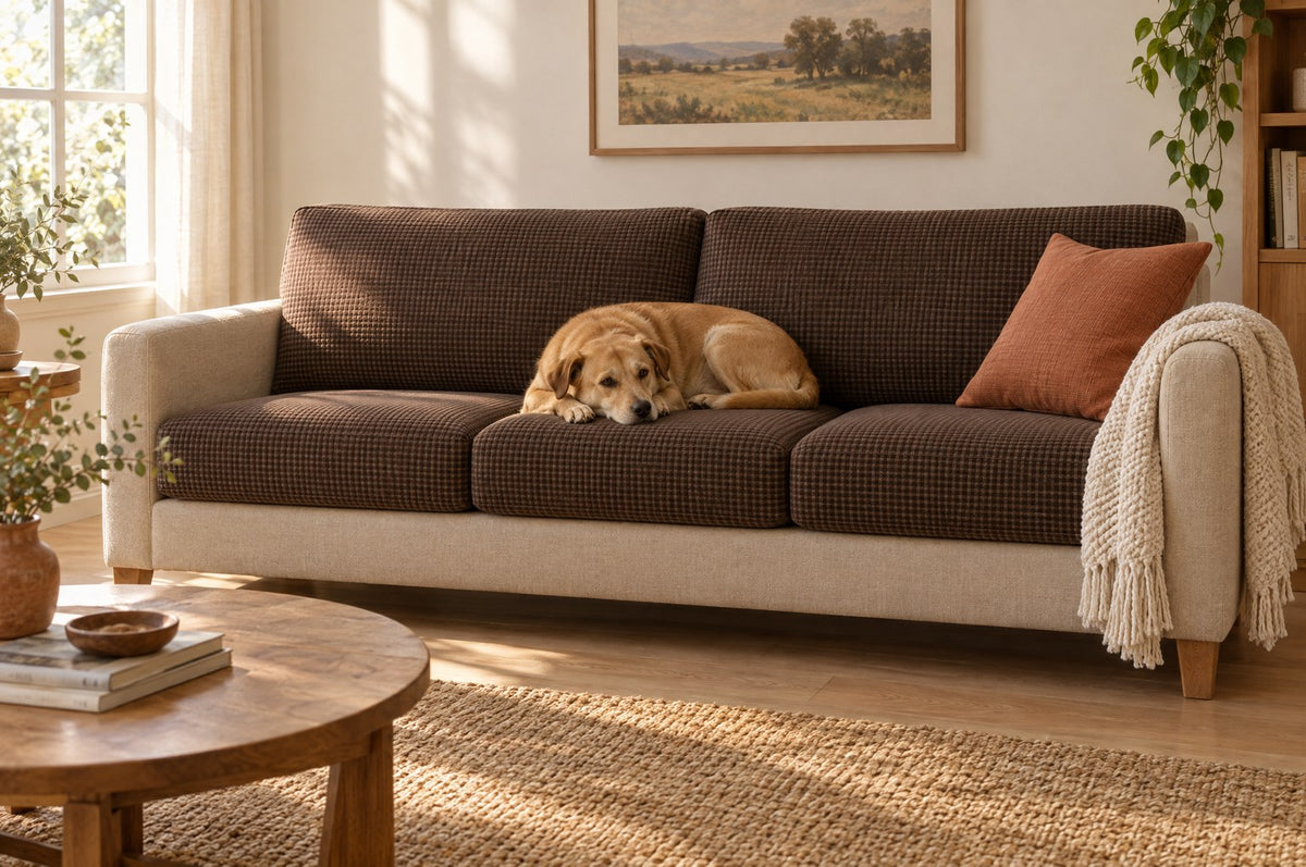 A dog resting on a sofa where all five cushions, seats and backs, are fitted with coffee Avelo Casa covers