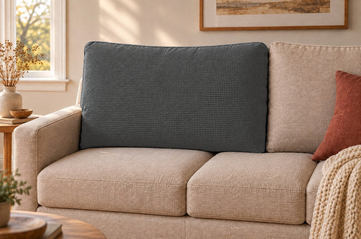 A dark grey back cushion cover on a cream sofa, beside an uncovered back cushion
