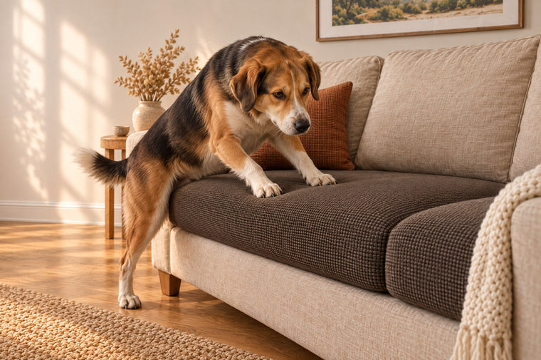 A dog climbing onto the sofa with its paws on the cover, which stays flat and taut