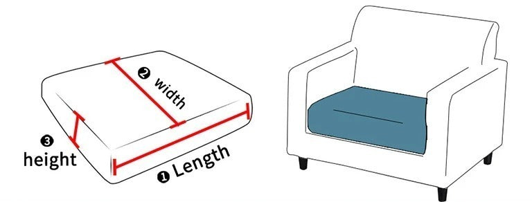 Diagram showing where to measure the length, width and height of a seat cushion