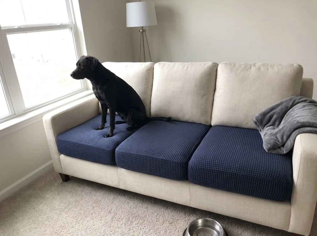 A black dog sitting on a cream sofa with three navy blue Avelo Casa seat covers