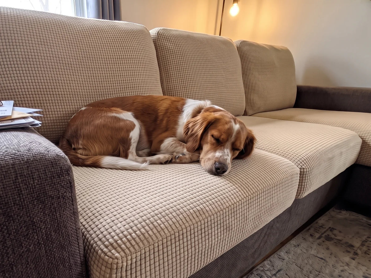 A spaniel asleep on a sofa whose seat and back cushions all wear cream Avelo Casa covers