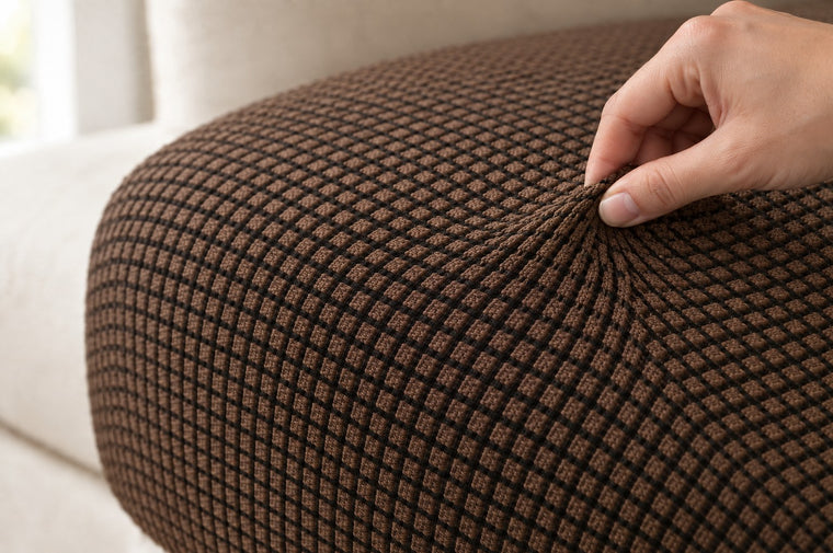 A hand pinching and drawing up a fold of the cushion cover, showing how far the knitted fabric stretches