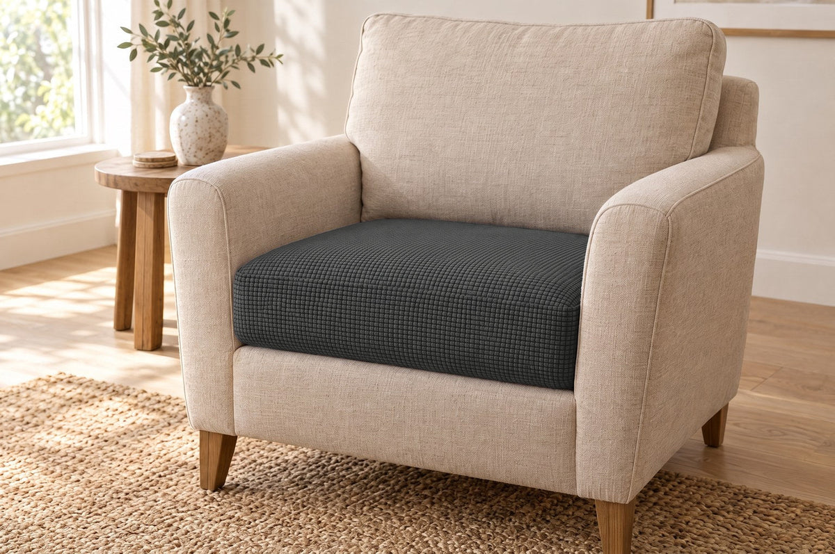 One cushion size: an armchair seat cushion fitted with a dark grey Avelo Casa cover