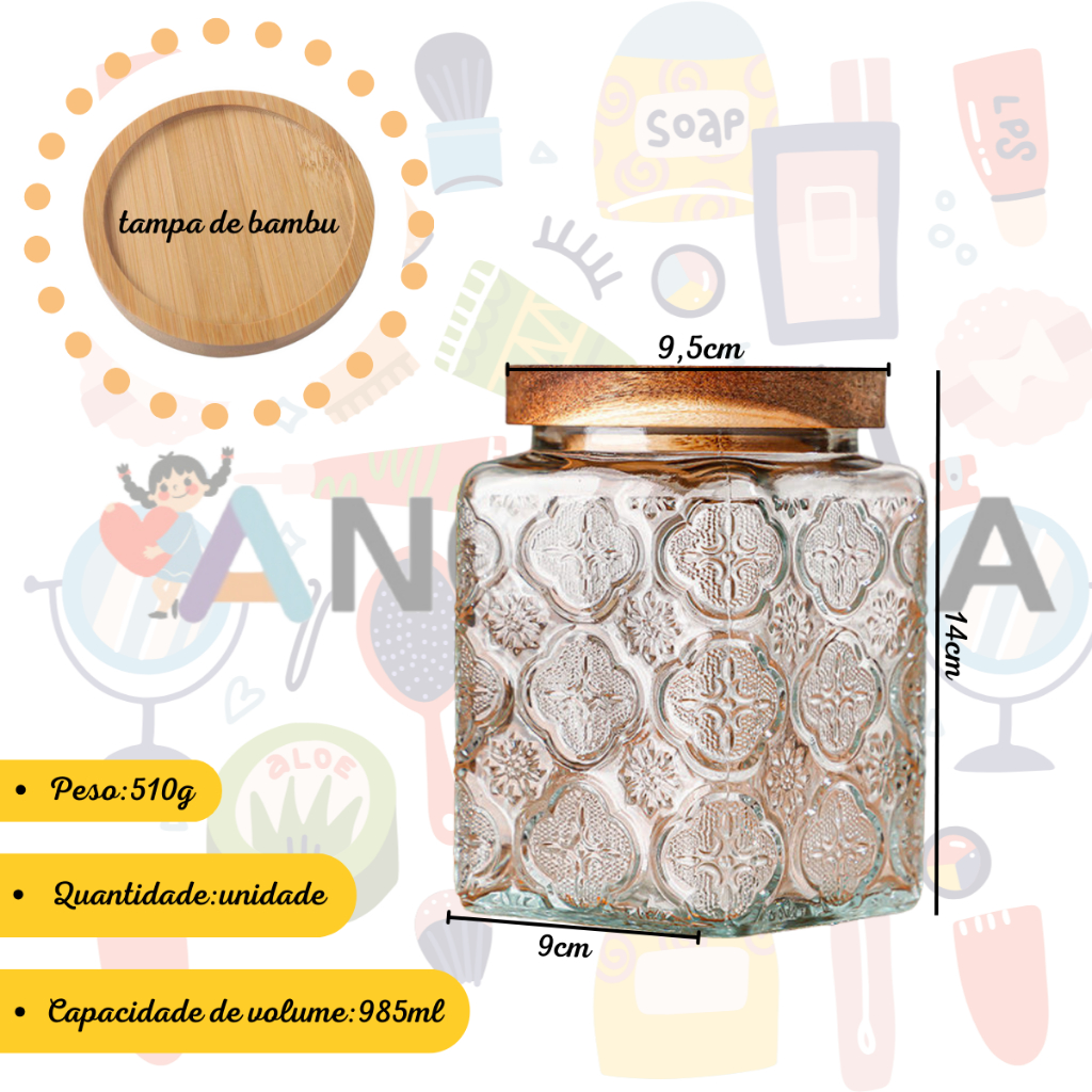 Pote Hermético de Vidro com Tampa de Banbu 745ml/985ml/1155ml