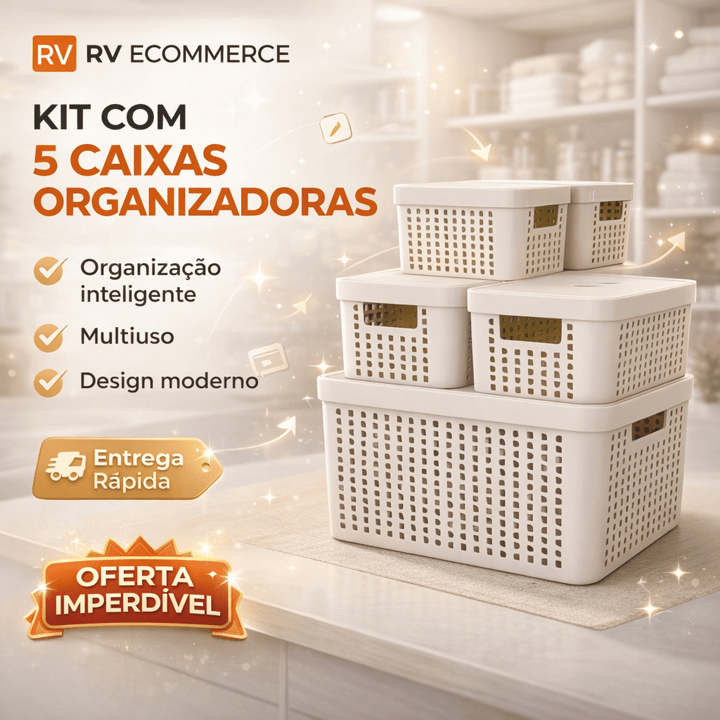 Kit 5 Caixas Organizadoras com Tampa Cesto Grande de Plástico 2 Litros 4,5 Litros 17 Litros