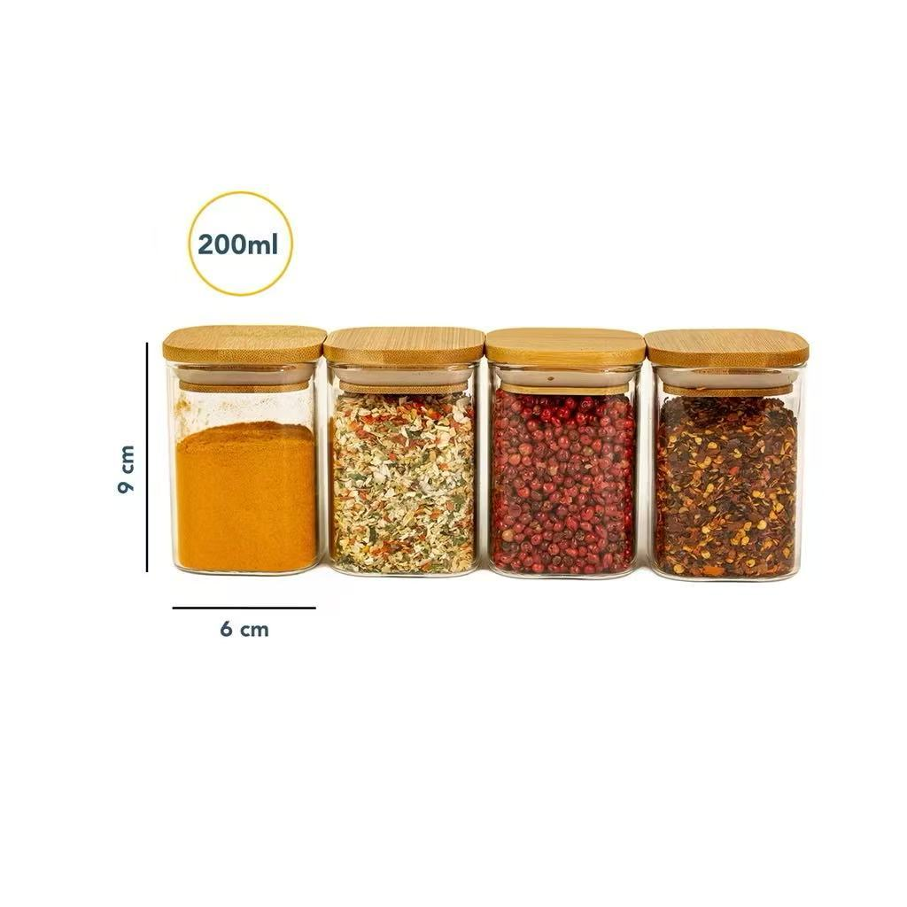 Kit 4 Potes De Vidro Hermético com Tampa Bambu Quadrado 200ml
