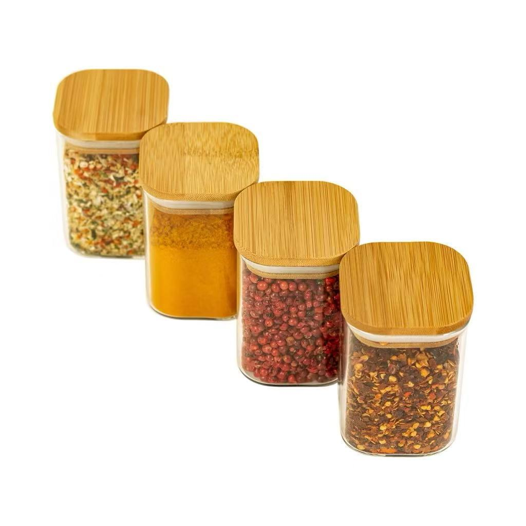 Kit 4 Potes De Vidro Hermético com Tampa Bambu Quadrado 200ml