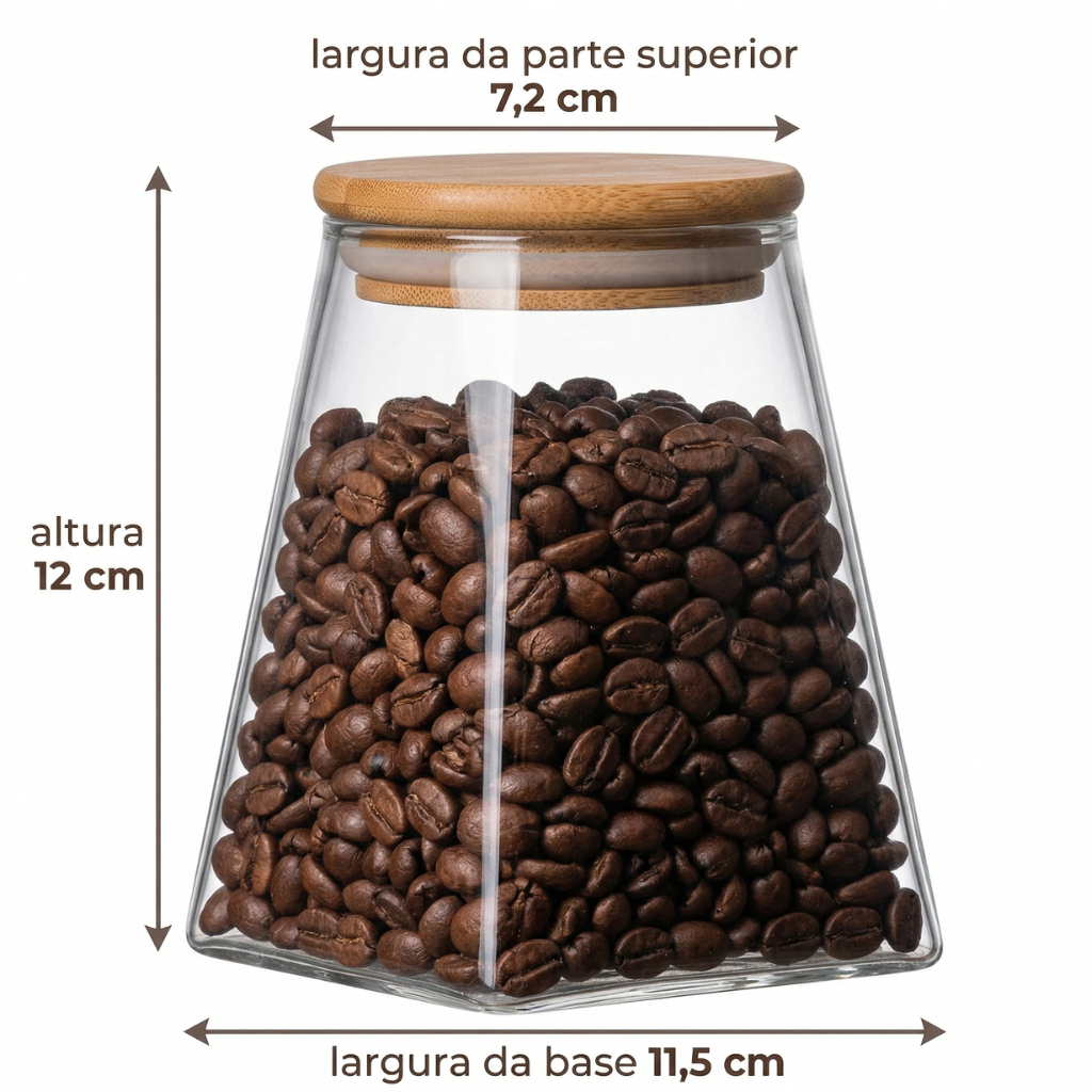 Jogo 2/3 Potes de Vidro Hermético Pirâmide Tampa Bambu 500ml - Organizador Luxo