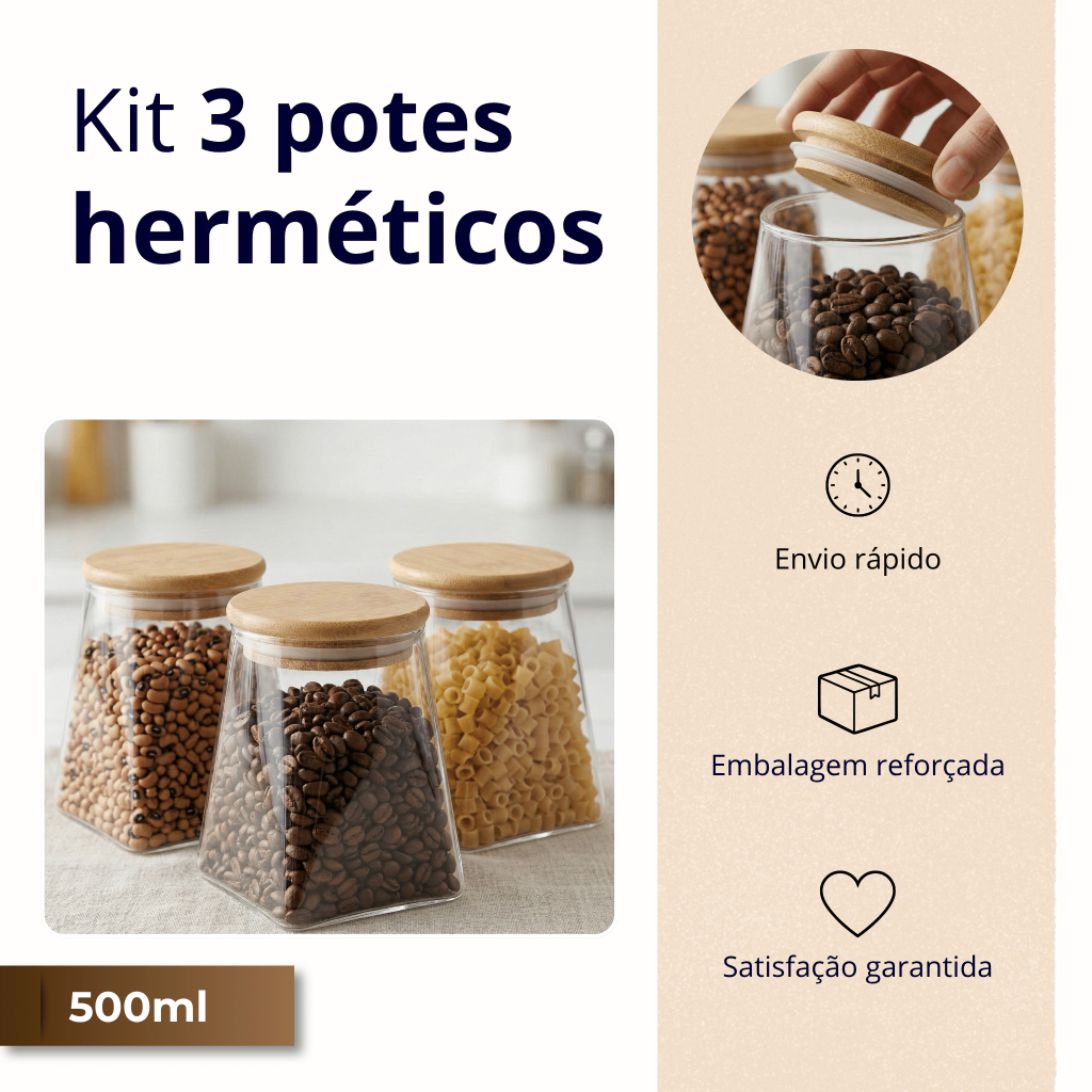 Jogo 2/3 Potes de Vidro Hermético Pirâmide Tampa Bambu 500ml - Organizador Luxo