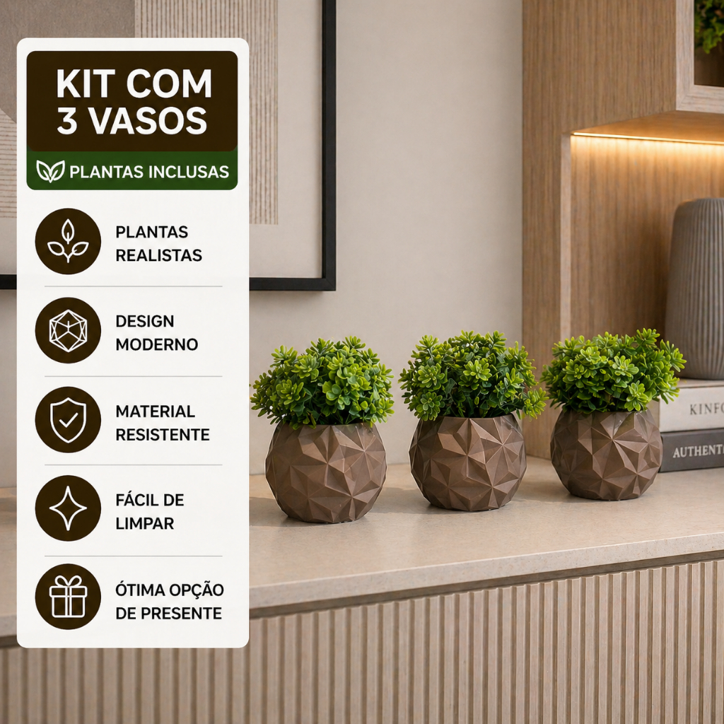 Kit 3 Vasos Cachepot Com Plantas Artificiais Para Decoração de Sala Banheiro Escritório Cozinha