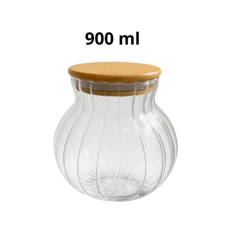 Baleiro Redondo 500/900 ML Tampa Bambu Pote De Vidro Canelado Para Doces E Mantimentos