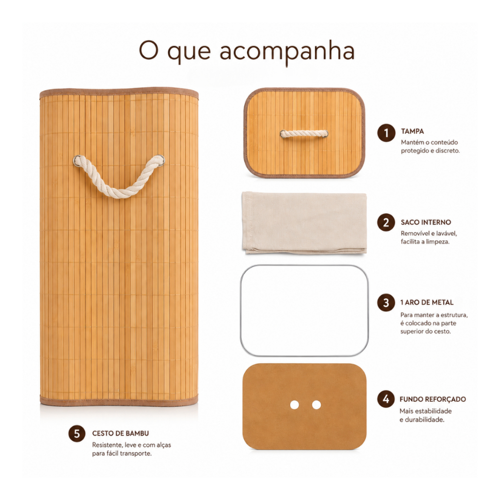 60L Cesto de Roupa Bambu Dobrável – Organizador com Revestimento Interno alta capacidade GRANDE