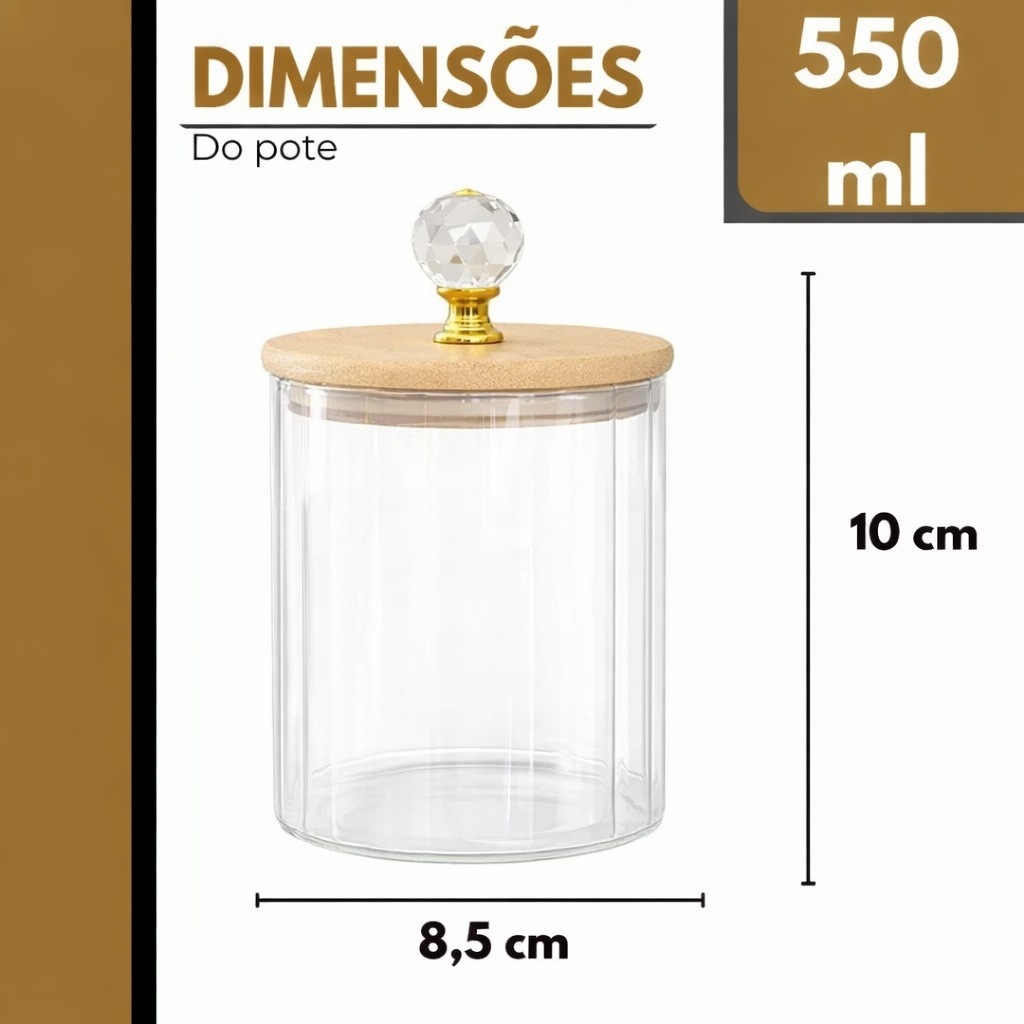 Pote Herméticos de Vidro Canelado Âmbar Tampa Bambu Luxo P/ Mantimentos C/ Vedação