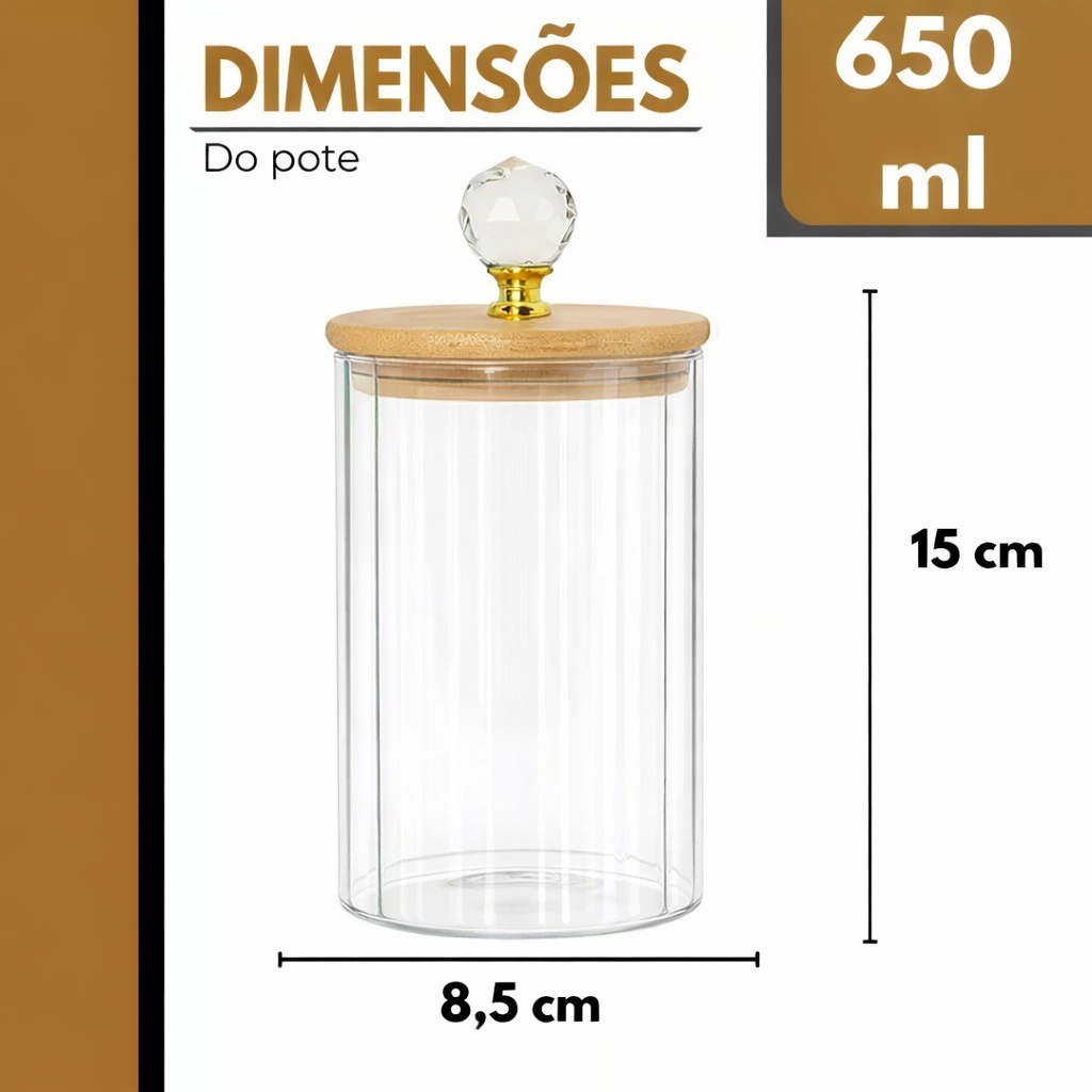 Pote Herméticos de Vidro Canelado Âmbar Tampa Bambu Luxo P/ Mantimentos C/ Vedação