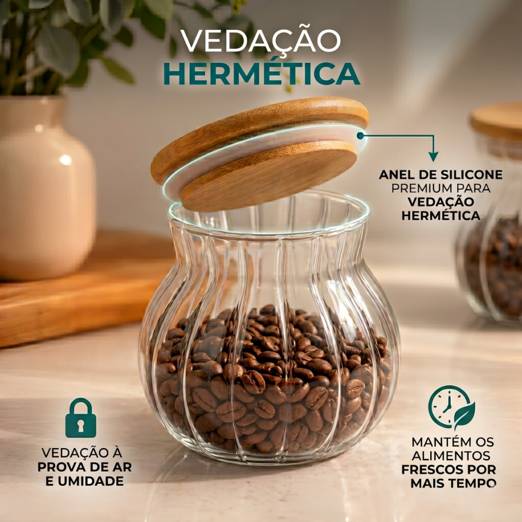 Baleiro Redondo 500/900 ML Tampa Bambu Pote De Vidro Canelado Para Doces E Mantimentos