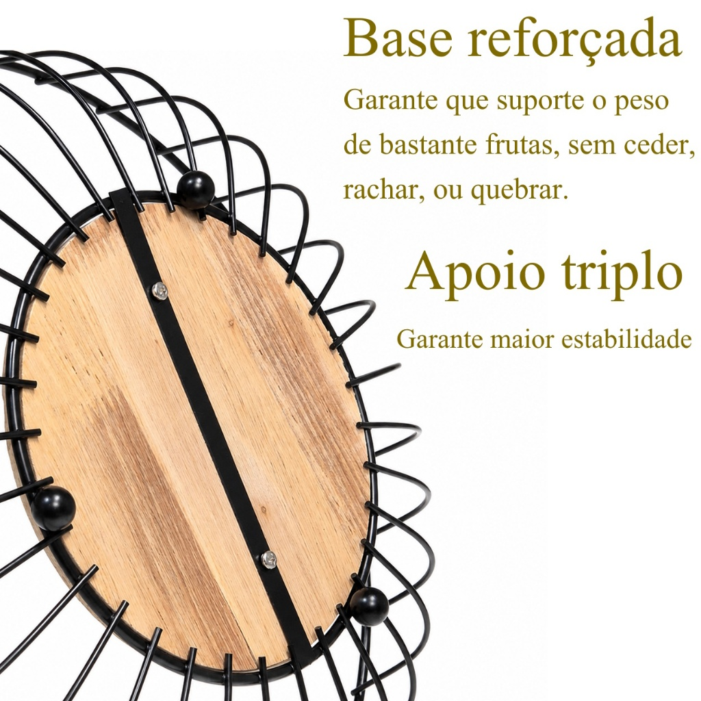 Fruteira de Metal Preto Cozinha Rustica de Ferro e Bambu Café da Manhã Multiuso Organiza Fruta