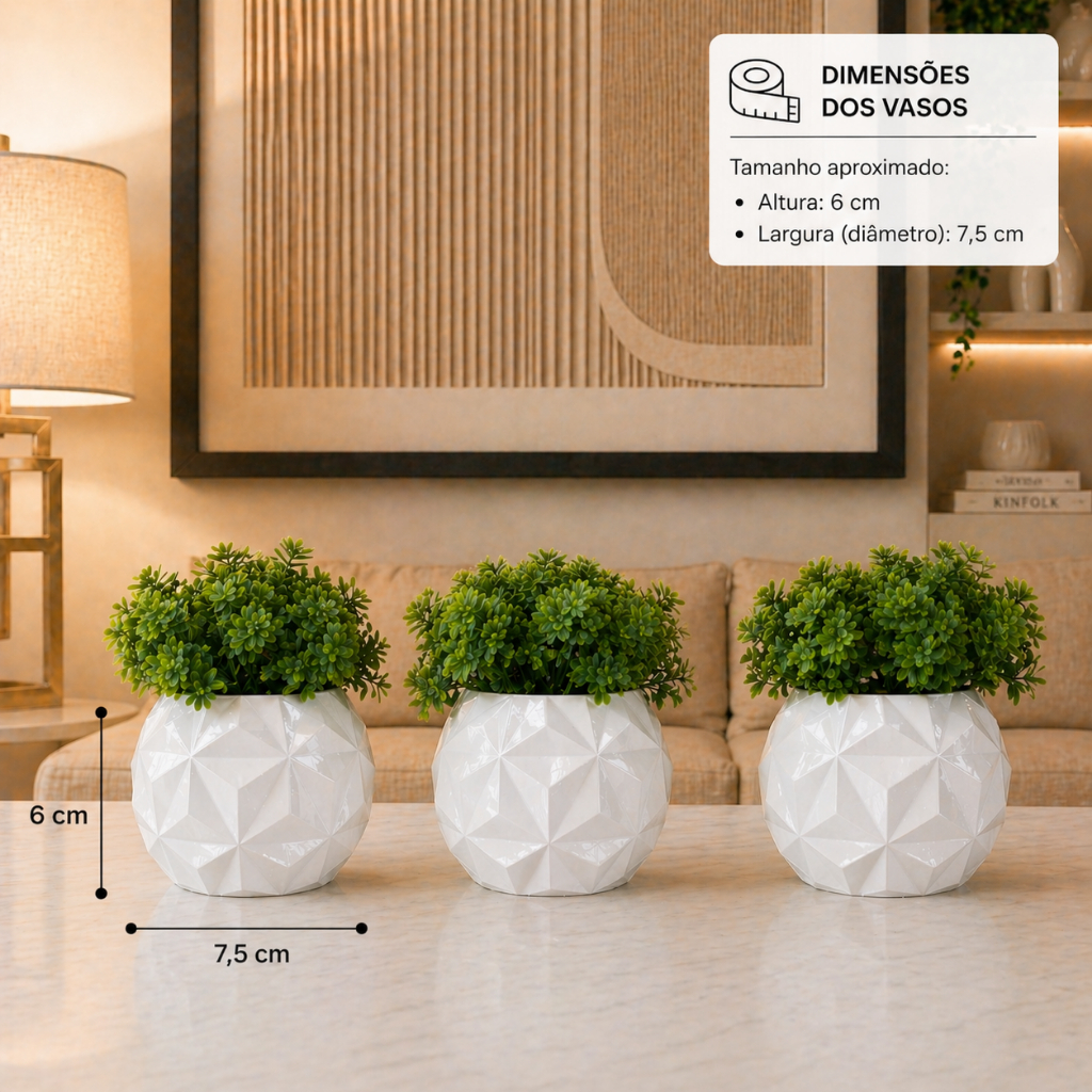 Kit 3 Vasos Cachepot Com Plantas Artificiais Para Decoração de Sala Banheiro Escritório Cozinha