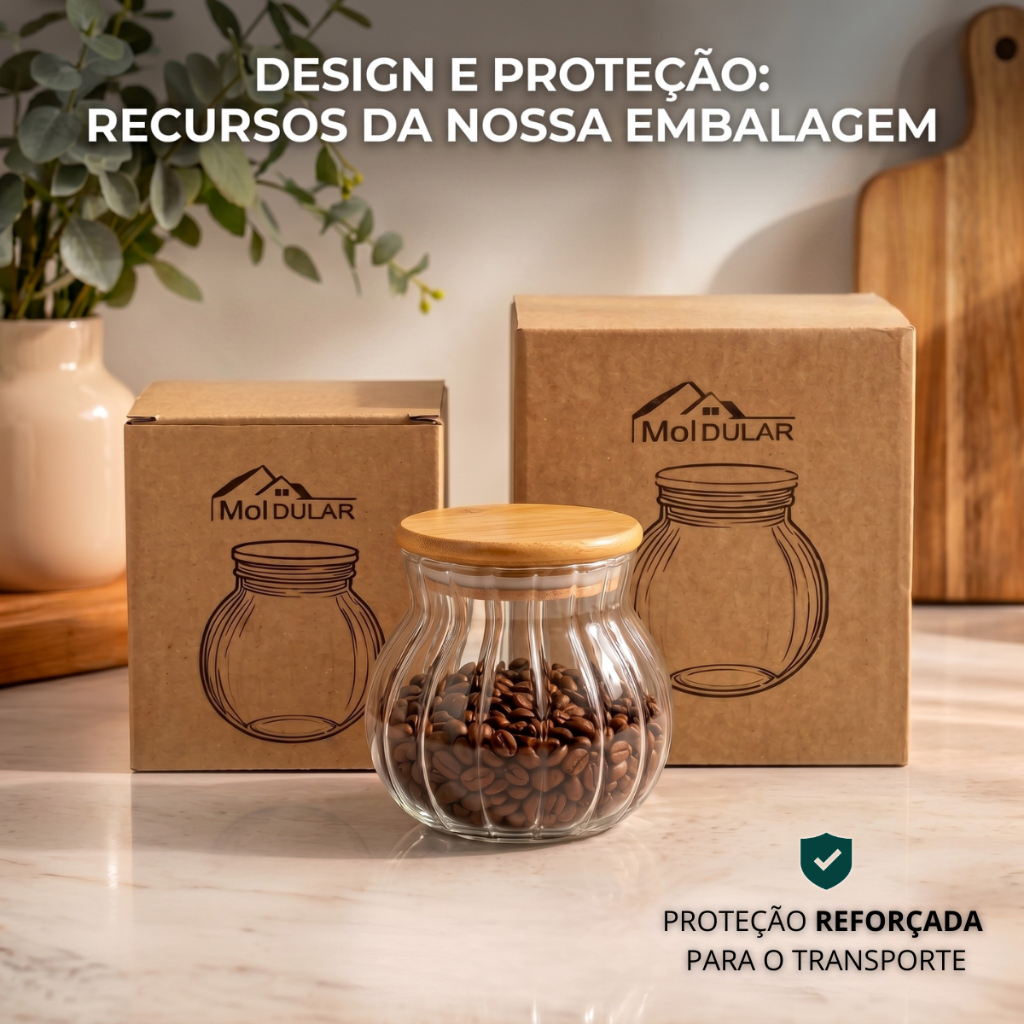 Baleiro Redondo 500/900 ML Tampa Bambu Pote De Vidro Canelado Para Doces E Mantimentos
