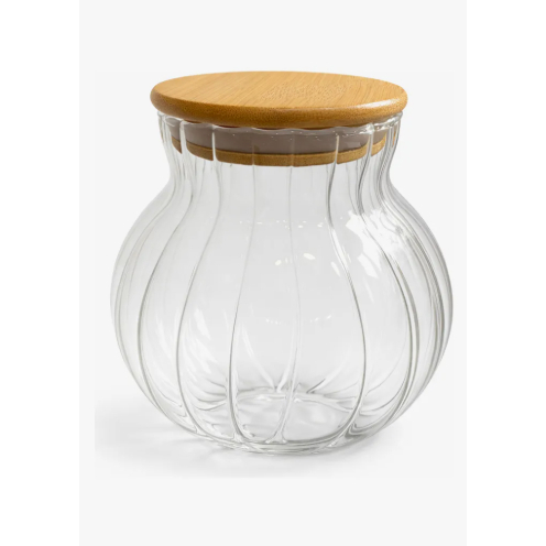 Baleiro Redondo 500/900 ML Tampa Bambu Pote De Vidro Canelado Para Doces E Mantimentos