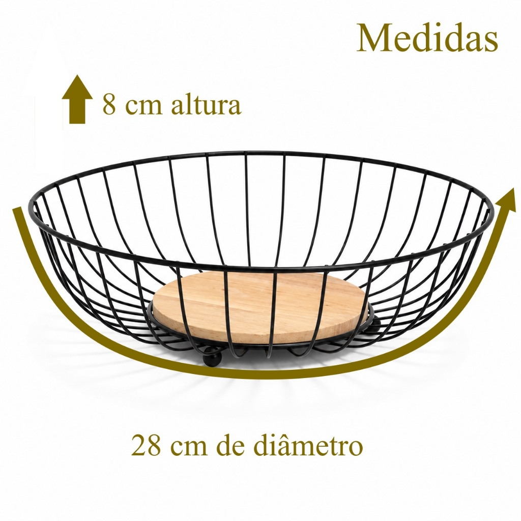 Fruteira de Metal Preto Cozinha Rustica de Ferro e Bambu Café da Manhã Multiuso Organiza Fruta