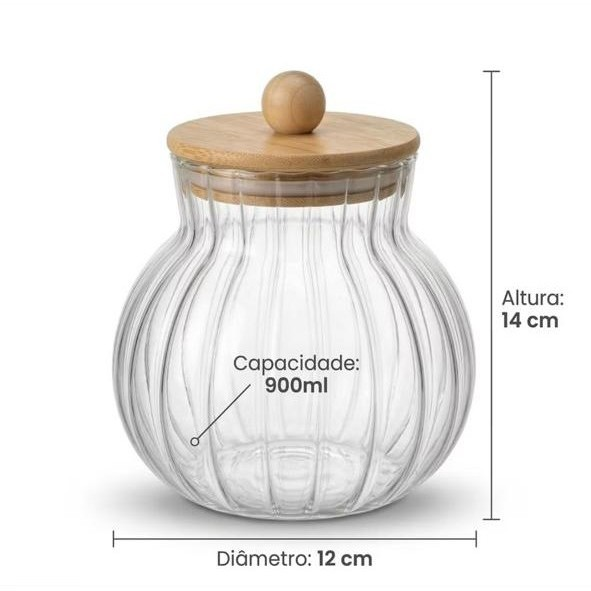 Baleiro Redondo 500/900 ML Tampa Bambu Pote De Vidro Canelado Para Doces E Mantimentos