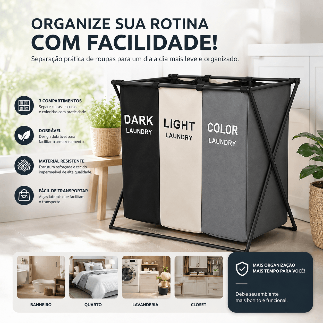 Cesto Dobrável 3 Compartimentos — Organize Sua Lavanderia