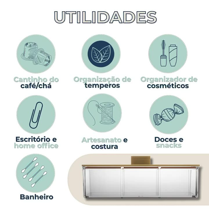 Caixa Organizadora de Acrílica com Tampa de Bambu 3 Divisórias Porta Saches de Chá e Joias