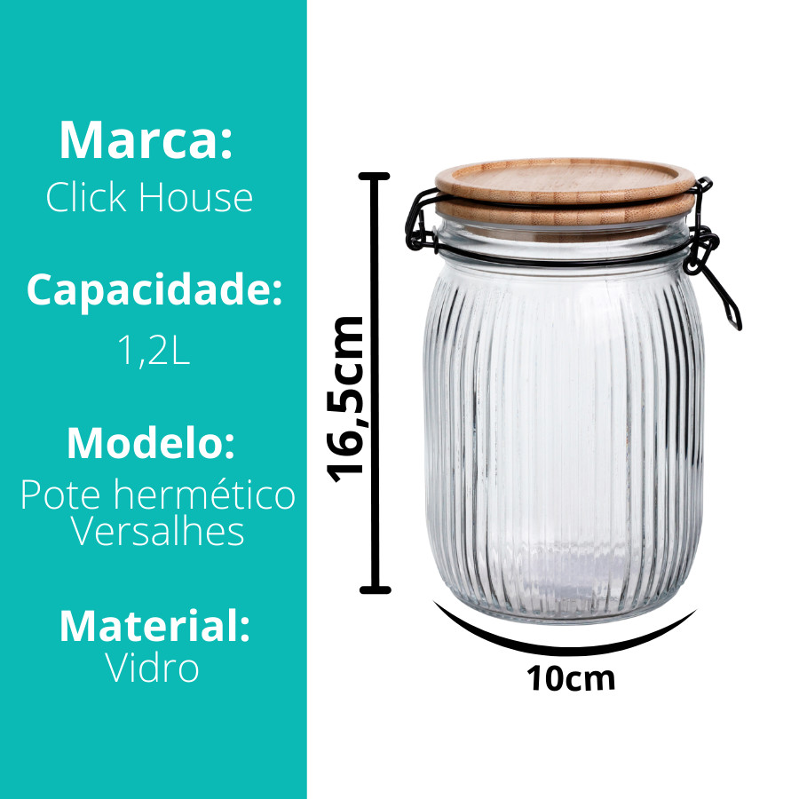Pote Mantimento Vidro Hermético Versalhes Canelado Tampa Bambu 1,2l