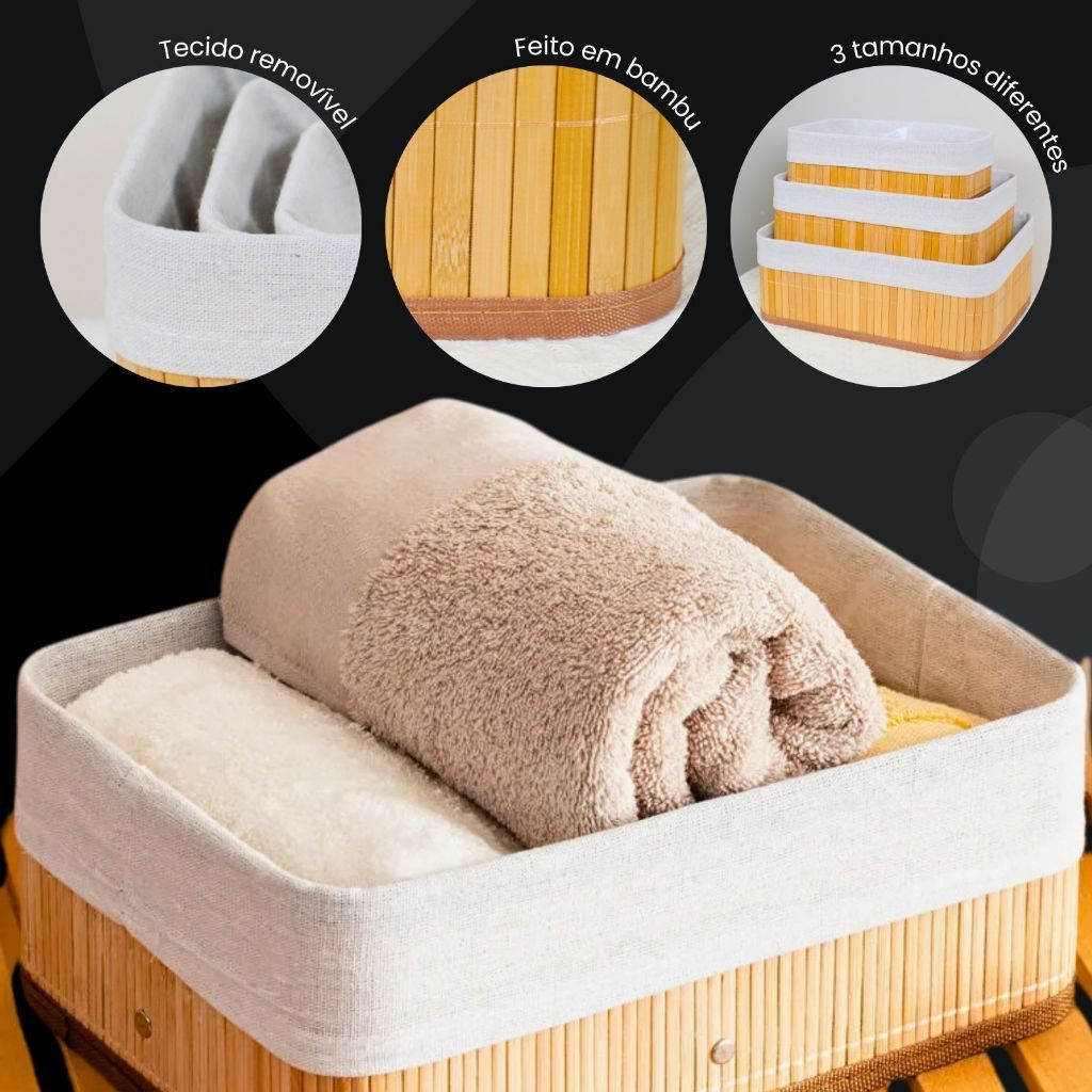 Kit 3 Cestos Organizadores de Bambu Multiuso com Forro