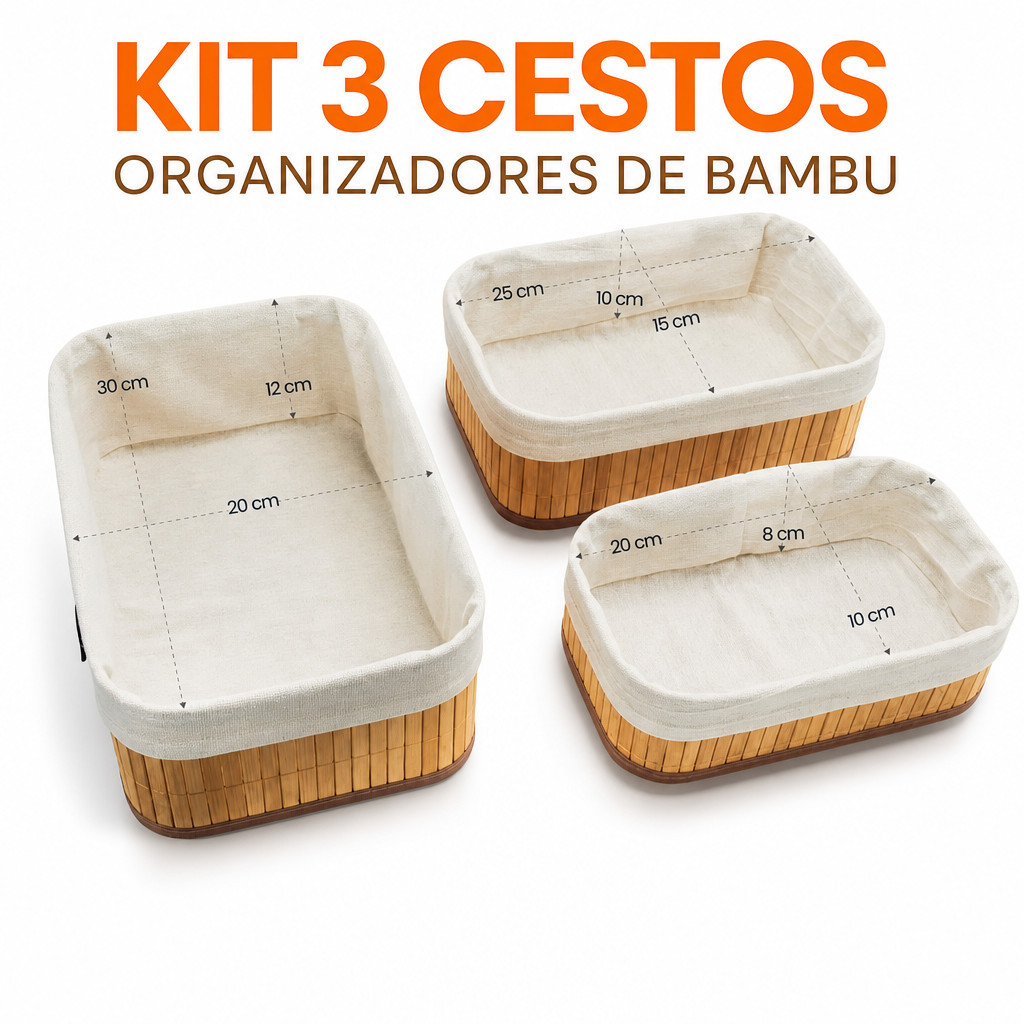 Kit 3 Cestos Organizadores de Bambu Multiuso com Forro