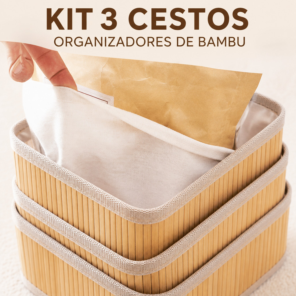 Kit 3 Cestos Organizadores de Bambu Multiuso com Forro