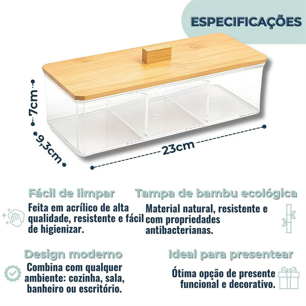 Caixa Organizadora de Acrílica com Tampa de Bambu 3 Divisórias Porta Saches de Chá e Joias