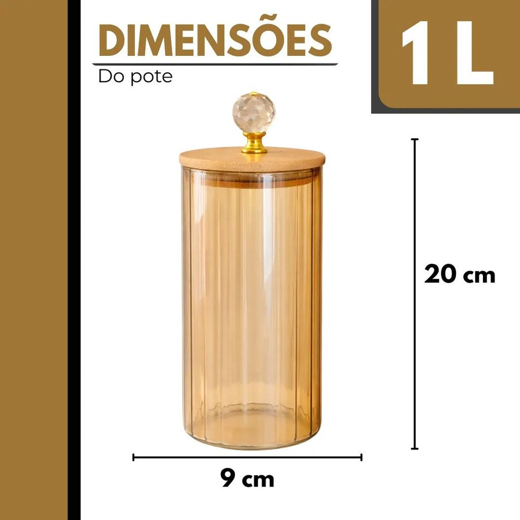 Pote Herméticos de Vidro Canelado Âmbar Tampa Bambu Luxo P/ Mantimentos C/ Vedação