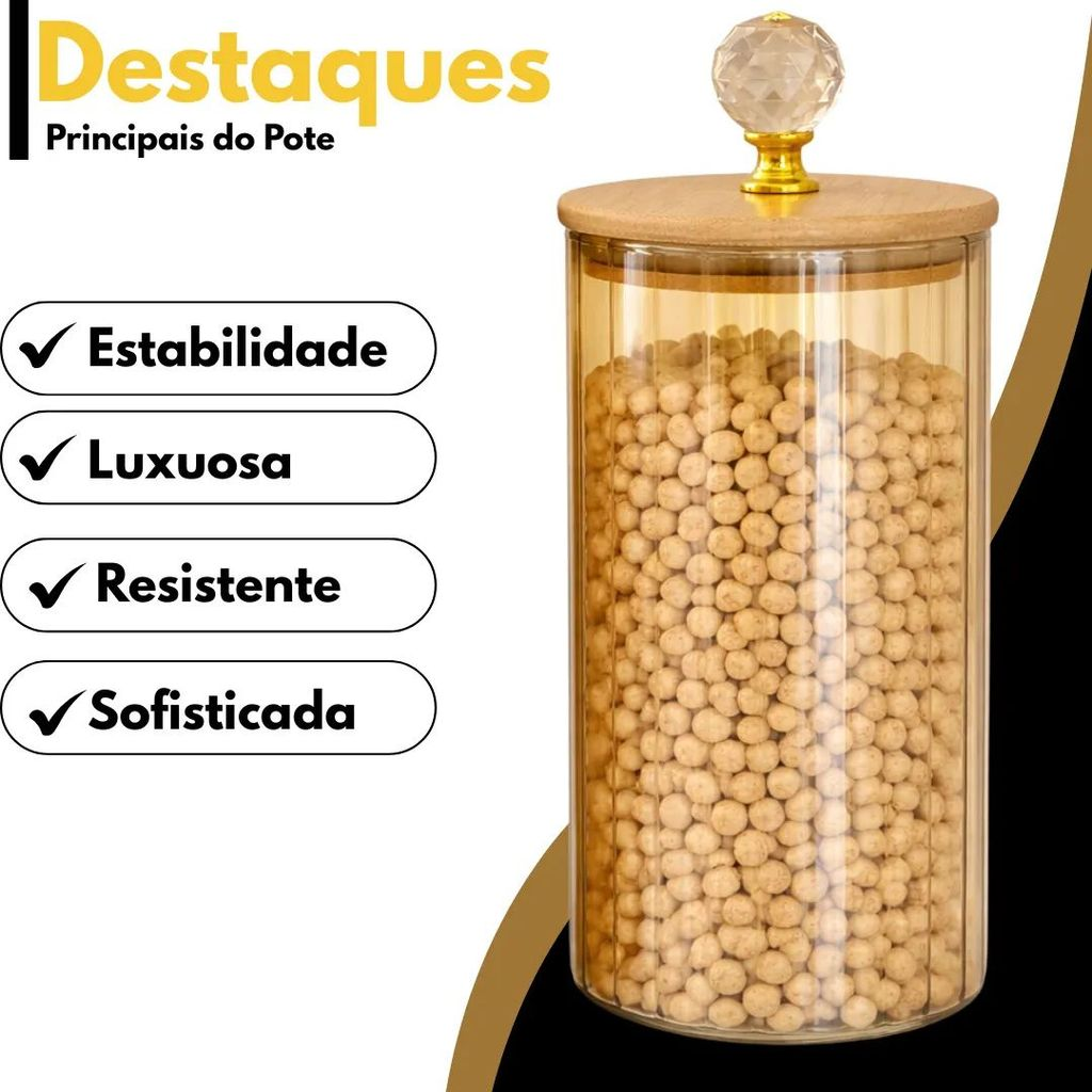 Pote Herméticos de Vidro Canelado Âmbar Tampa Bambu Luxo P/ Mantimentos C/ Vedação