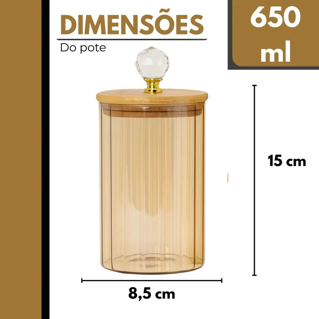 Pote Herméticos de Vidro Canelado Âmbar Tampa Bambu Luxo P/ Mantimentos C/ Vedação
