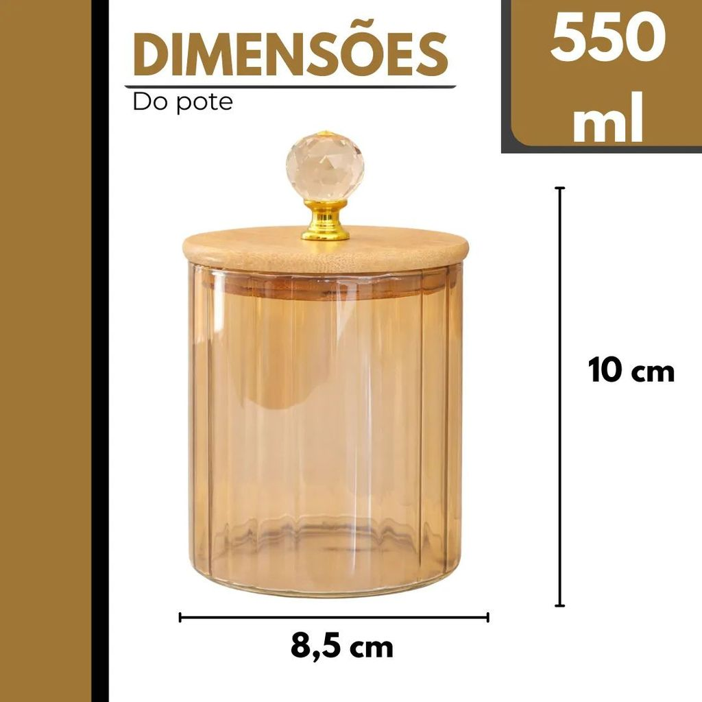 Pote Herméticos de Vidro Canelado Âmbar Tampa Bambu Luxo P/ Mantimentos C/ Vedação
