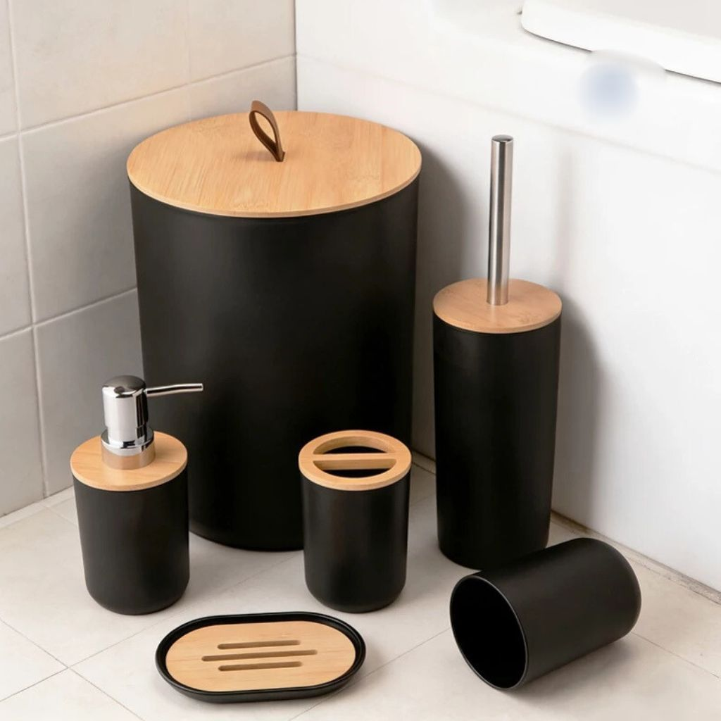 Kit banheiro preto em formato redondo e quadrado